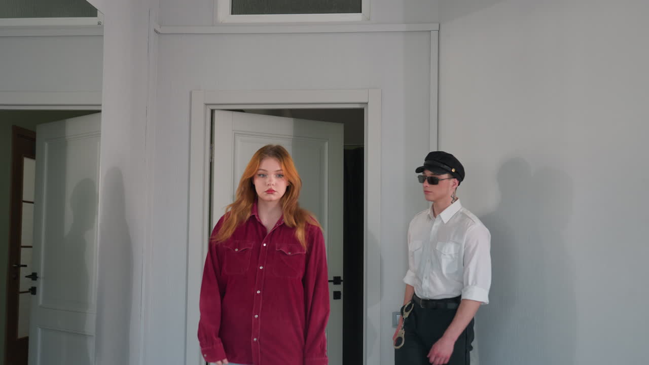 Security guard standing by door while woman in red top steps out unaware, bright interior casting light and shadow on wall, scene suggesting dramatic tension, surprise and silent observation