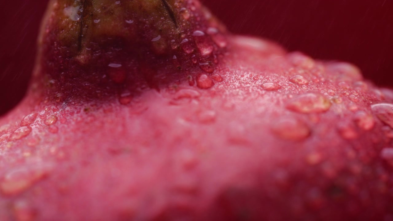 Primo piano di acqua che spruzza su un frutto di melograno fresco, lasciando gocce d'acqua