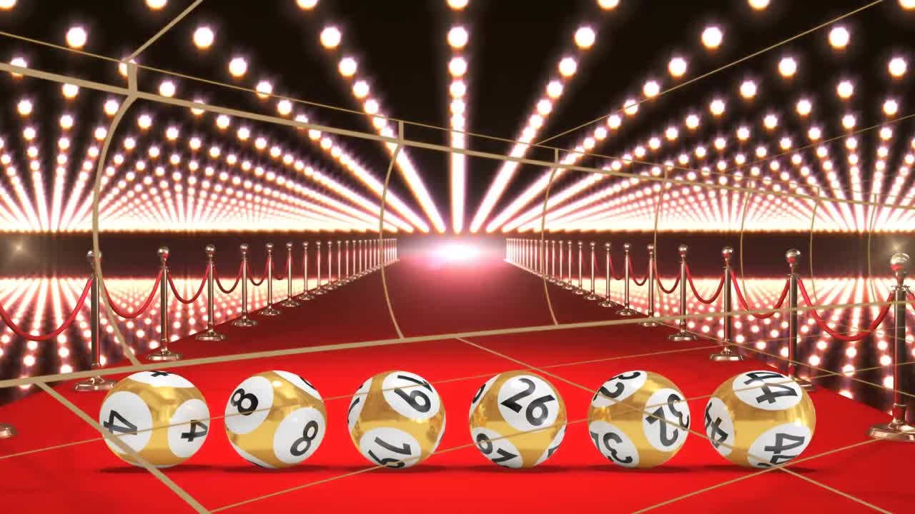 animación de bolas de lotería sobre luces y alfombra roja