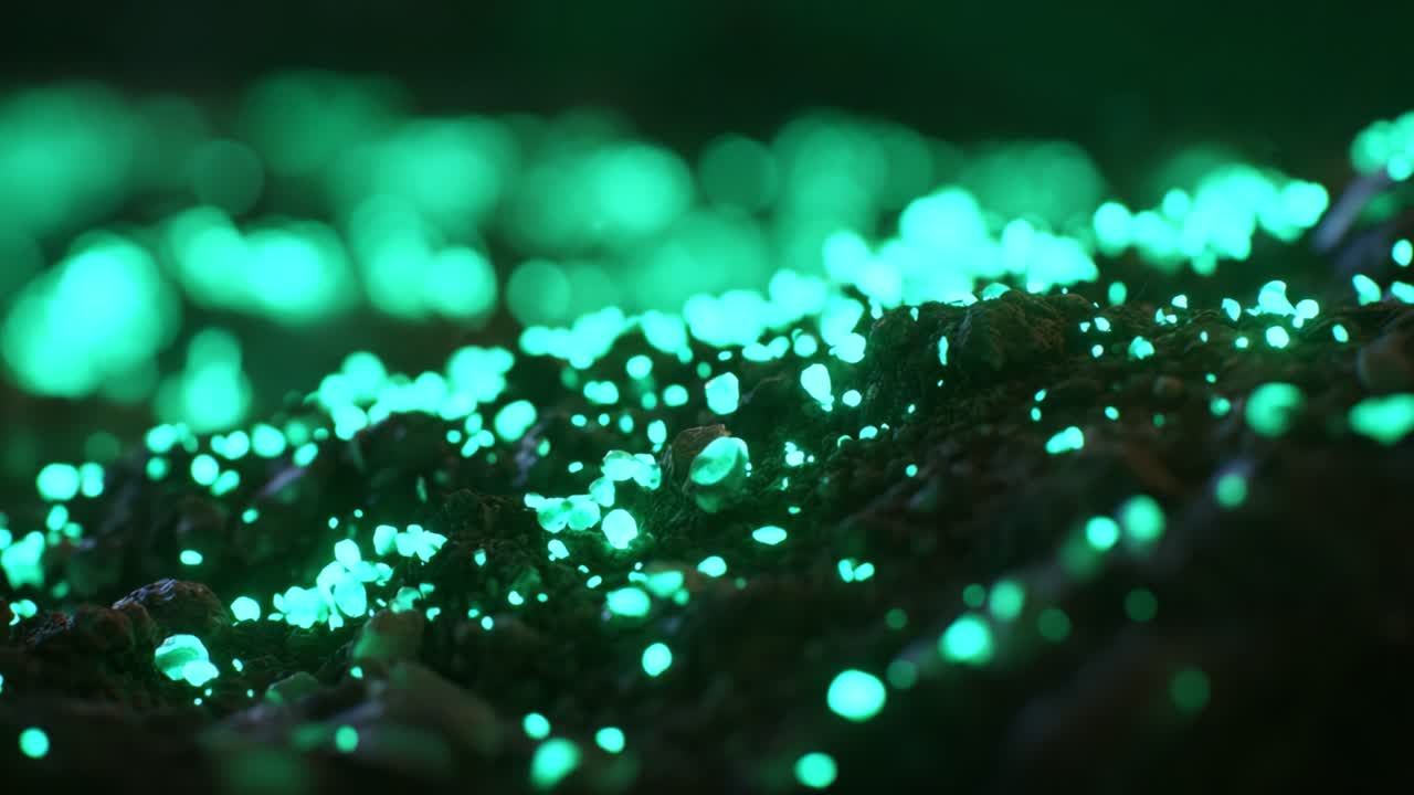 A Captivating Display of Glowing Bioluminescent Fungus and Organic Matter, Creating a Mesmerizing Scene of Nature’s Hidden Wonders in an Enchanting Underworld Setting