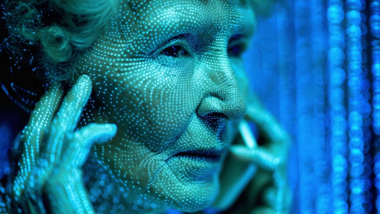L'invecchiamento nell'Era Digitale: Un'anziana pensierosa che abbraccia la tecnologia con enigmatici pattern digitali che le illuminano il viso e l'ambiente circostante in una affascinante tonalità blu.