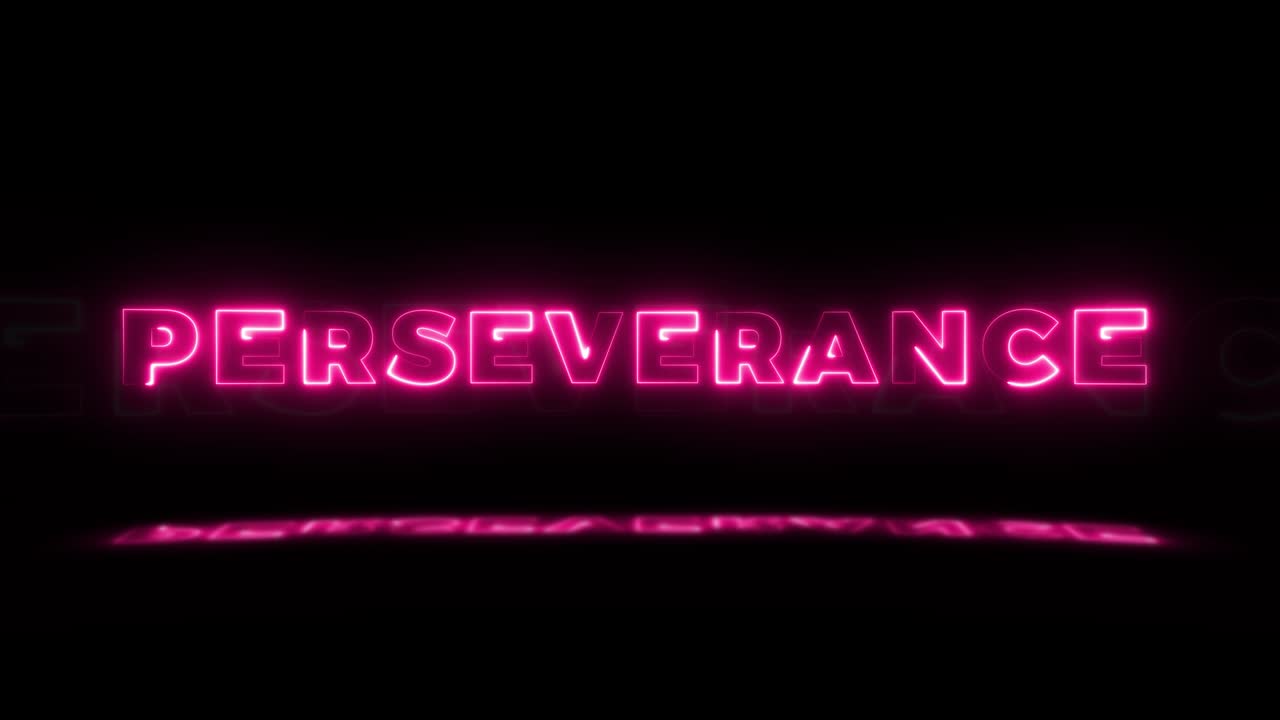 la palabra "perseverancia" brilla en neón sobre un fondo negro con reflejos en el suelo. letreros de brillo de neón en gráfico de movimiento de bucle sin costuras