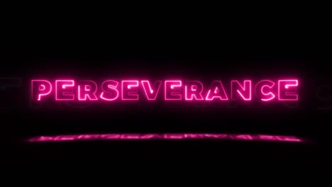 la palabra "perseverancia" brilla en neón sobre un fondo negro con reflejos en el suelo. letreros de brillo de neón en gráfico de movimiento de bucle sin costuras