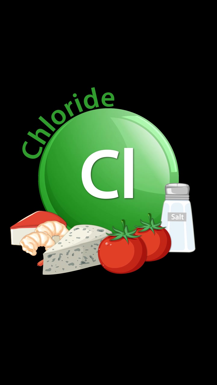 A green chloride element icon animates in with the word 'Chloride' and is gradually surrounded by illustrated foods like cheese, shrimp, tomatoes, and a salt shaker on a dark background