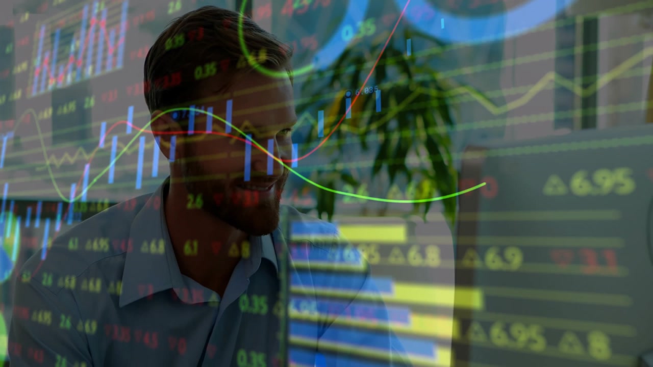 financial analyst sitting at desk in modern office, viewing laptop with stock market data overlays