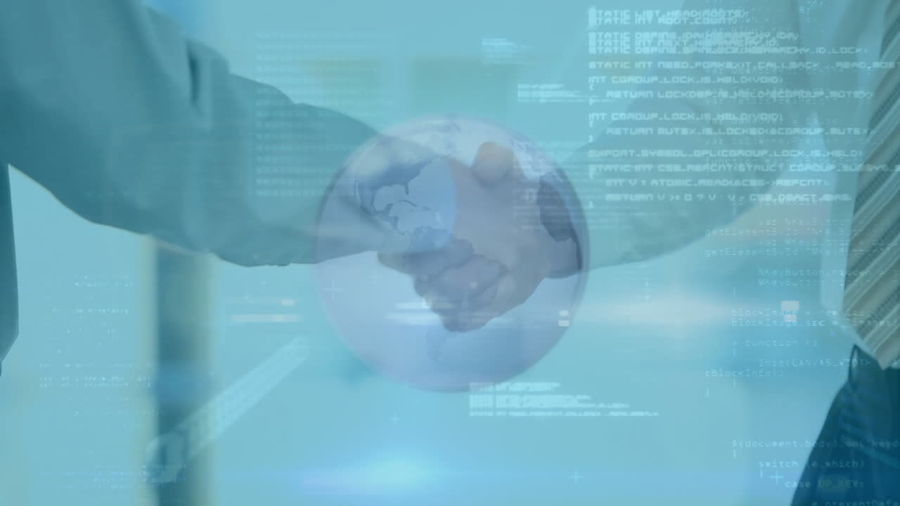 Animation of two businessmen shaking hands over globe spinning and data recording