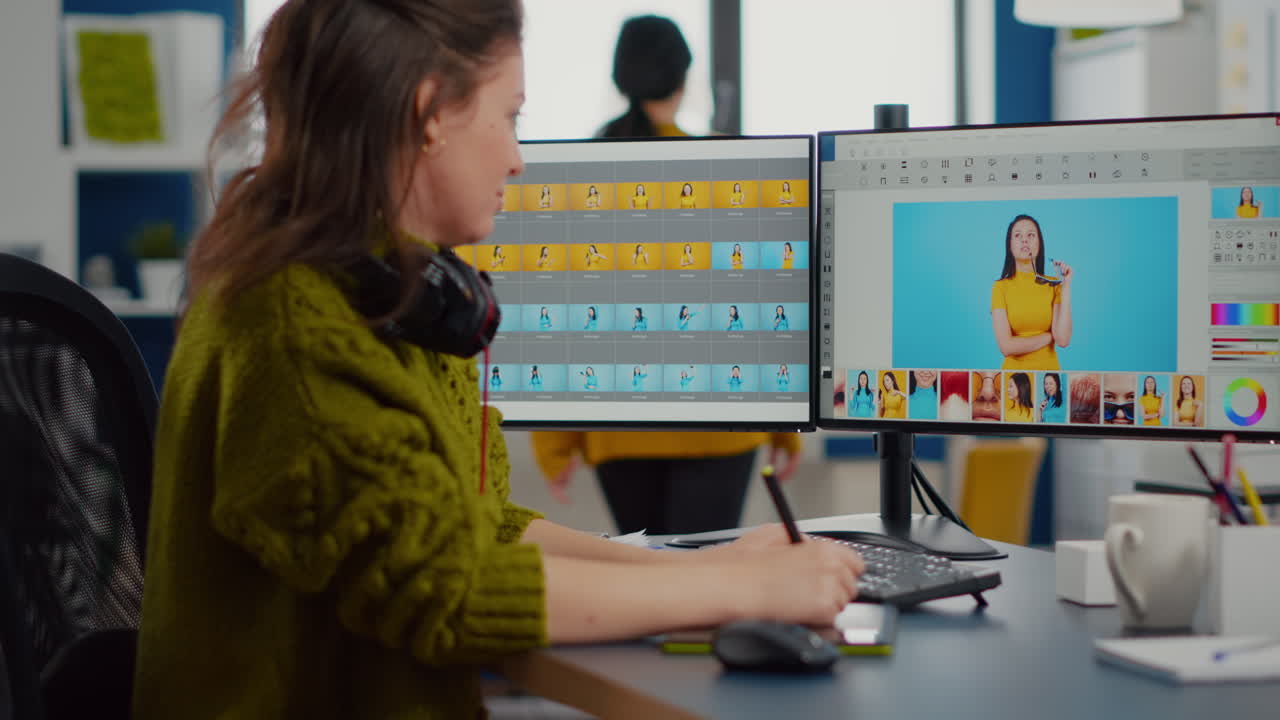 retocadora independiente mujer que trabaja en computadora con software de edición de fotos