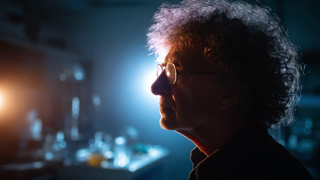 Una figura contemplativa è illuminata da una luce intensa, creando un profilo suggestivo su uno sfondo sfocato di un laboratorio, pieno di attrezzature scientifiche.