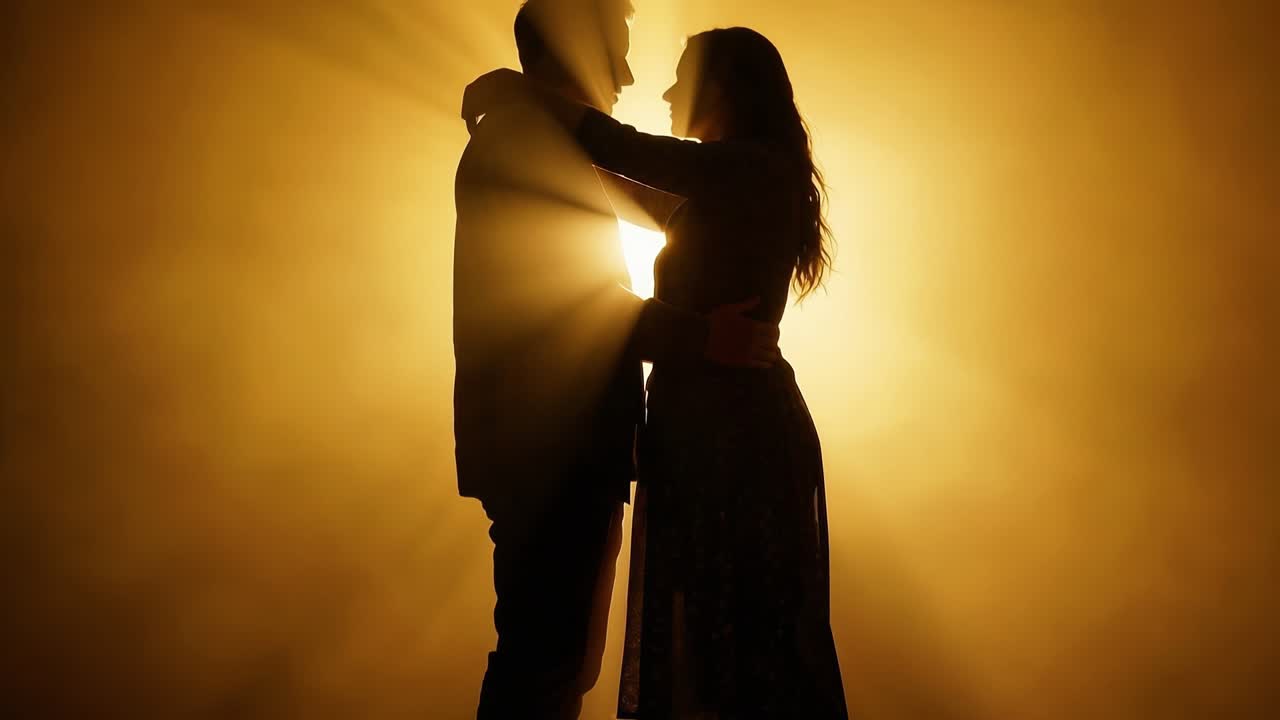 Coppia romantica che si abbraccia in silhouette con un caldo controluce.