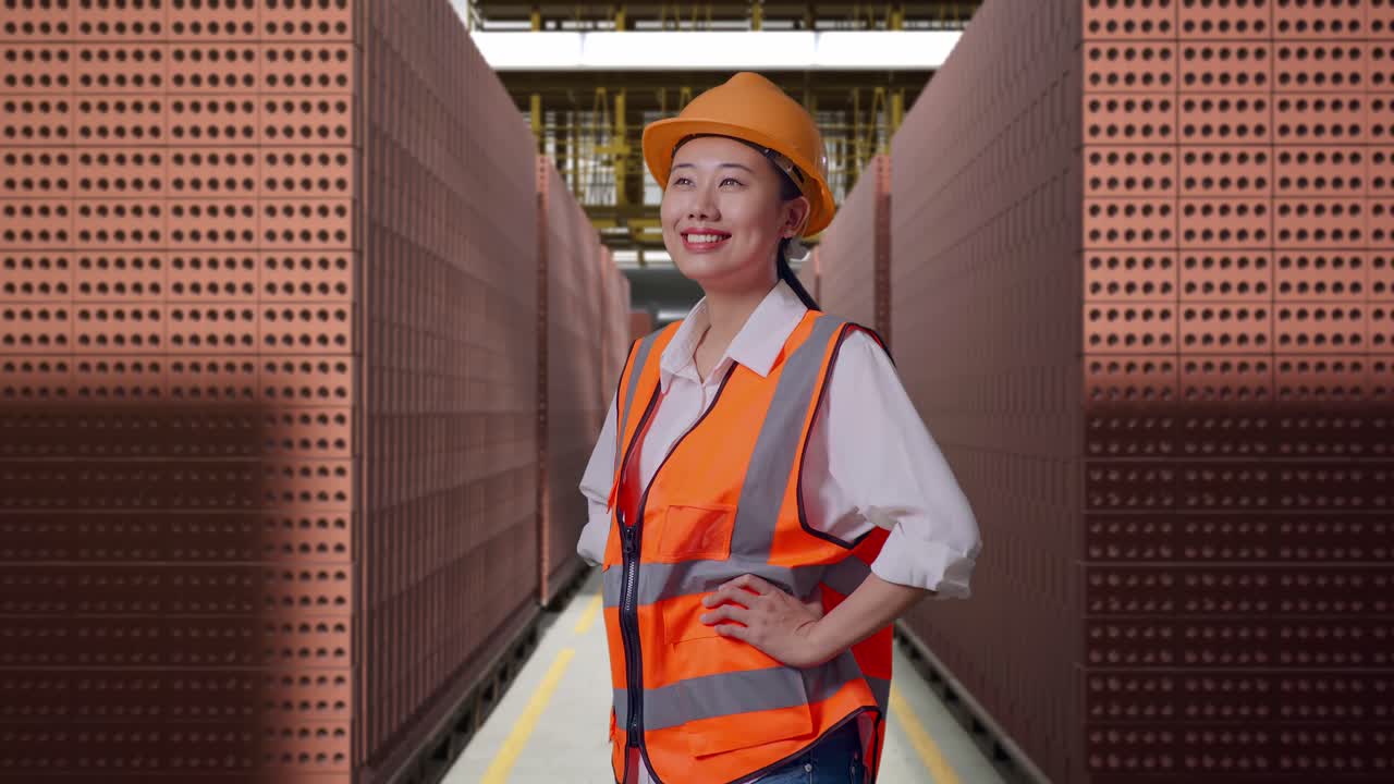 Side View Of Asian Female Engineer Wearing Safety Helmet Looking Around While Standing With Arms Akimbo With Red Brick Packed in Stacks Are Stored