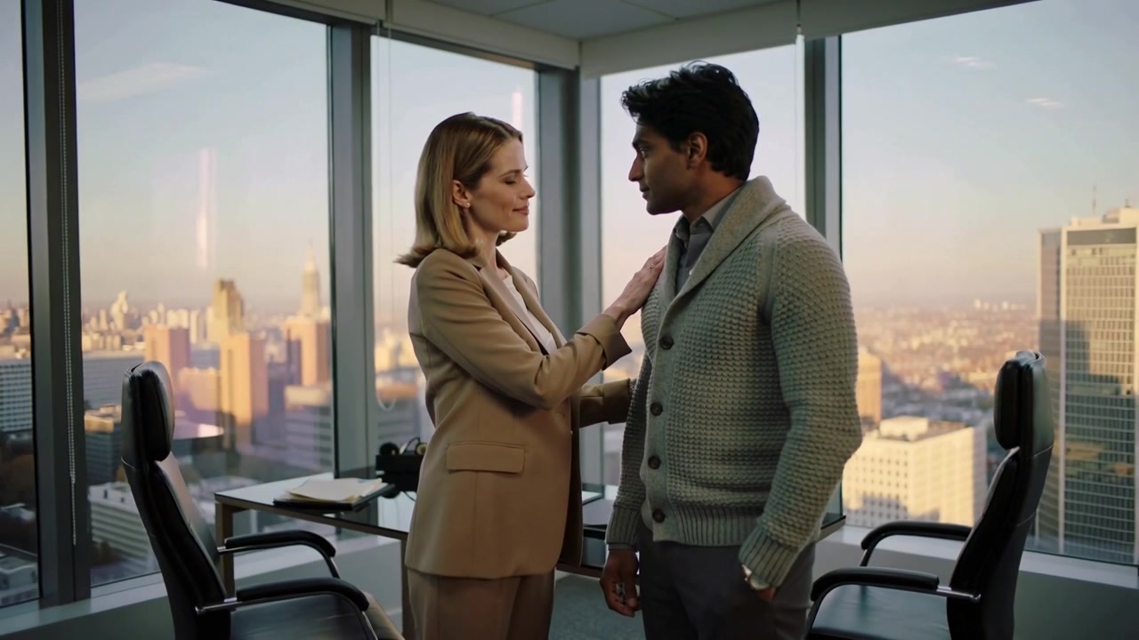 Donna in tailleur beige che appoggia una mano su un uomo in cardigan grigio, indicando lo skyline dall'ufficio d'angolo.