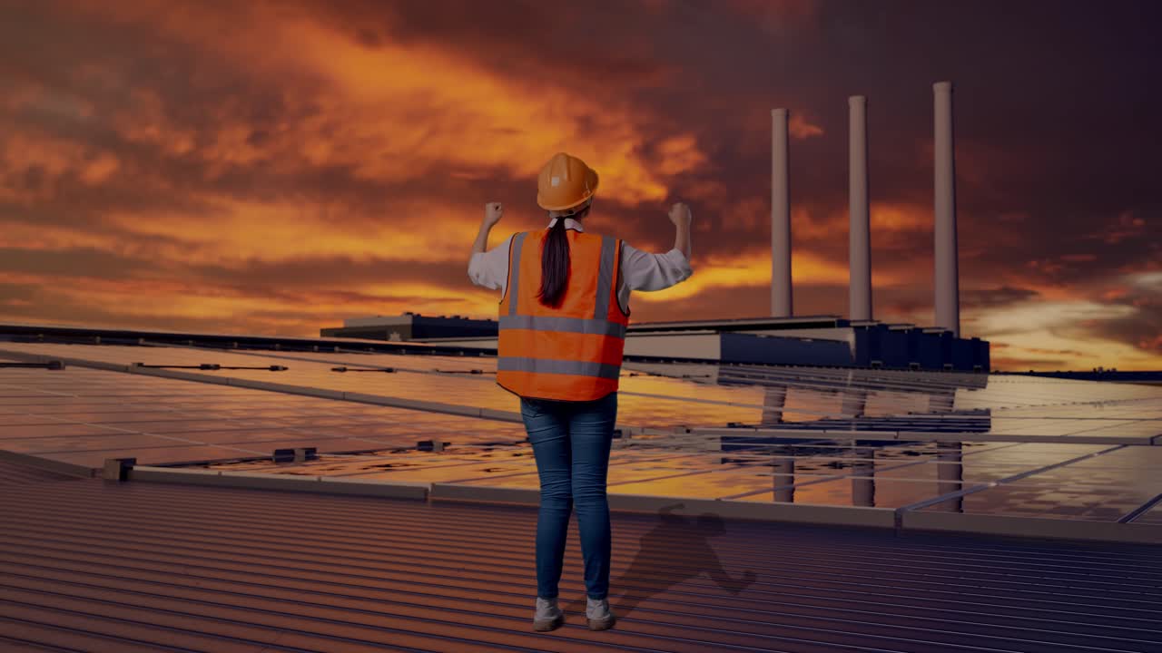 Full Body Back View Of A Female Engineer With Safety Helmet Raising Her Hands Celebrating While Working, Inspecting Solar Panels on Rooftop at Sunset