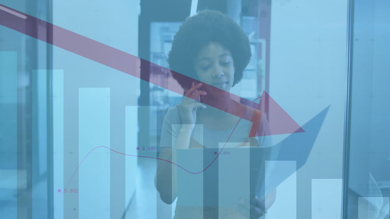 Talking on phone and holding documents, woman over declining financial graph animation