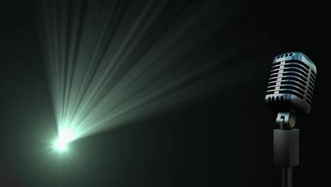 animation of laser light and vintage microphone on black background