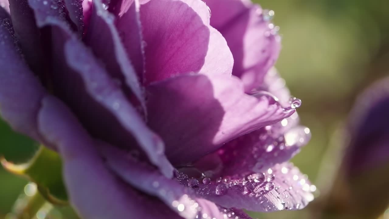 Video ravvicinato di una rosa viola con goccioline di rugiada, ripreso di lato con messa a fuoco morbida.