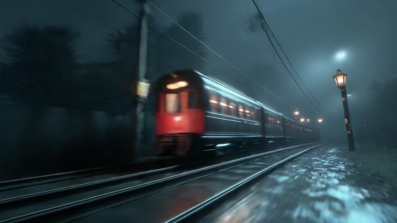Mysterious Train Journey in Foggy Night: A Captivating View of a Moving Train Amidst Rain-Soaked Tracks and Dimly Lit Surroundings Evoking Intrigue and Adventure