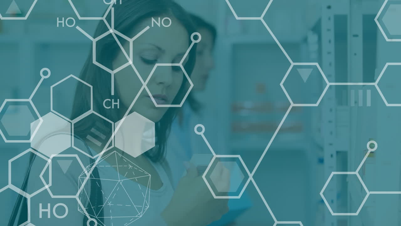 카우카시안 여성에 대한 화학 공식의 애니메이션