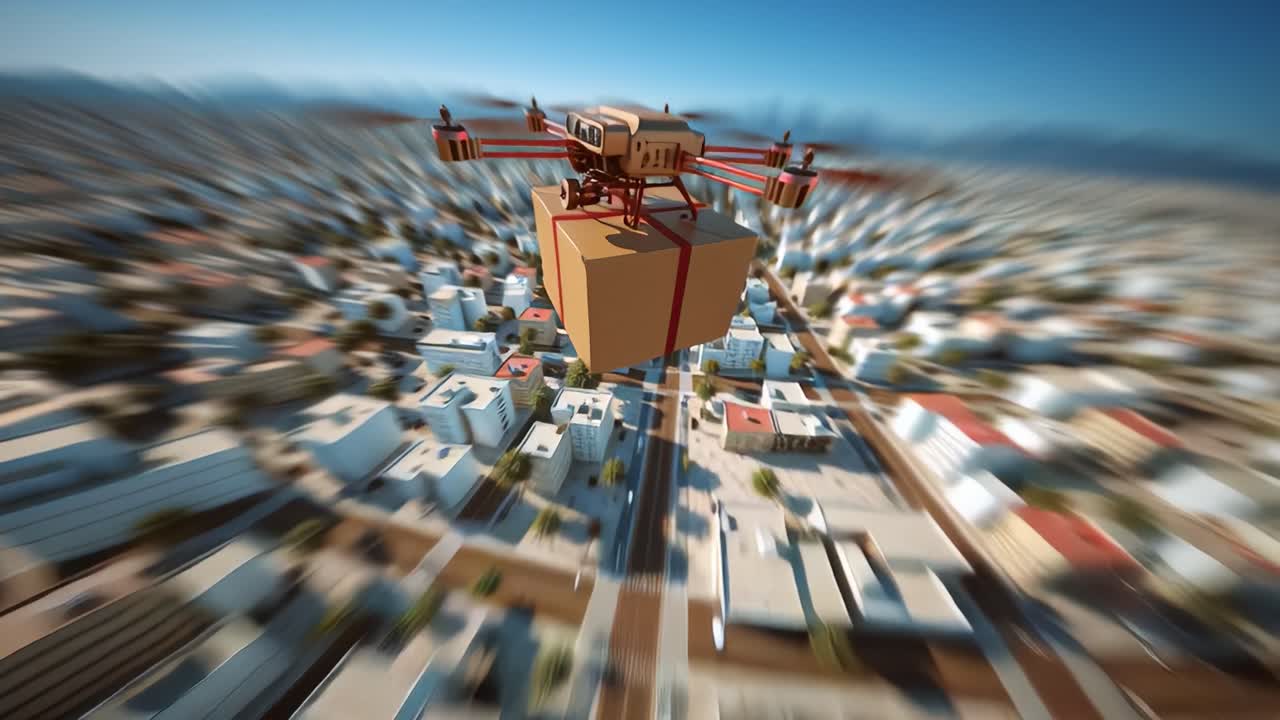 Aerial Delivery System: A Drone Transporting a Package Over Urban Landscape Highlights the Future of Logistics and Autonomous Technology in Modern City Environments
