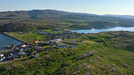 Drone-approaching-of-the-town-center-of-Bygones,-summer-in-Pykeija,-Norway