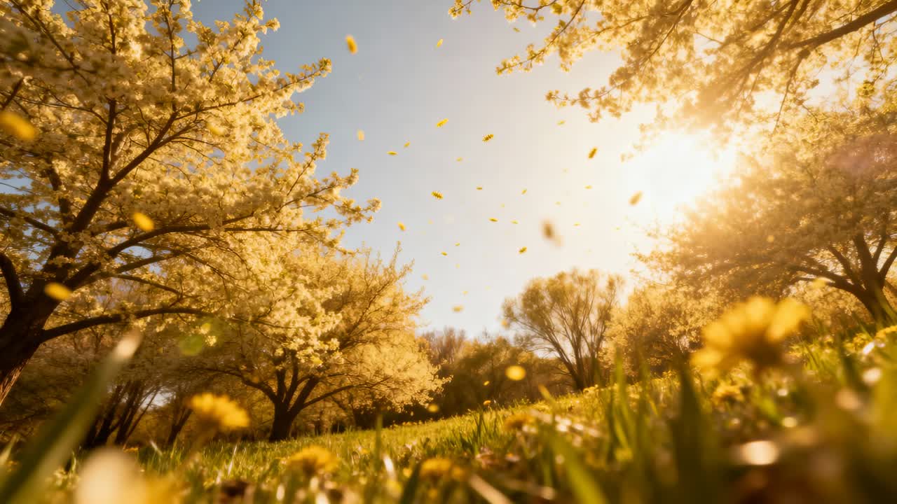 Lifting yellow petals, mild breeze moving through blooming trees in meadow, sun creating lens flare