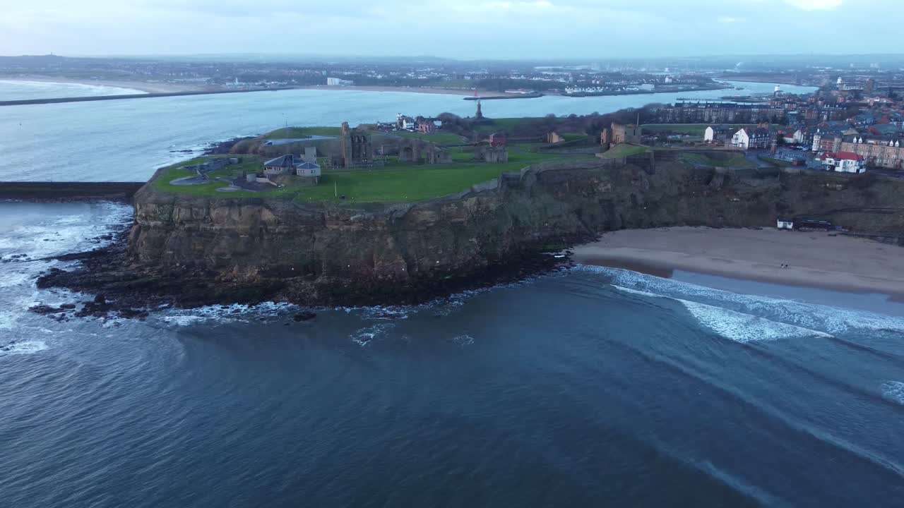 Aerial view overlooking Tynemouth Priory, King Edward's Bay and Mouth of River Tyne - Newcastle coastline