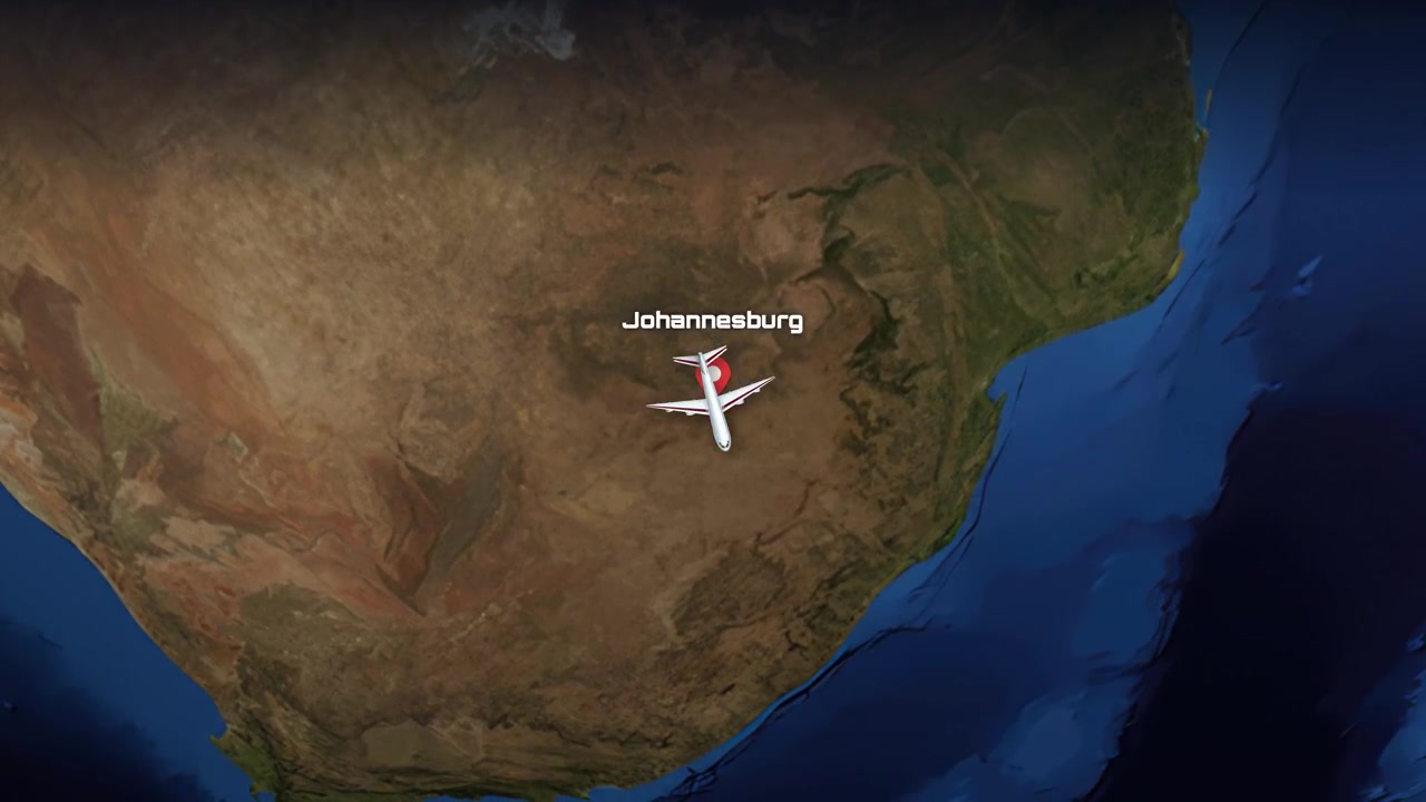 Satellite view animation follows an airplane flying from Europe across Africa to Johannesburg