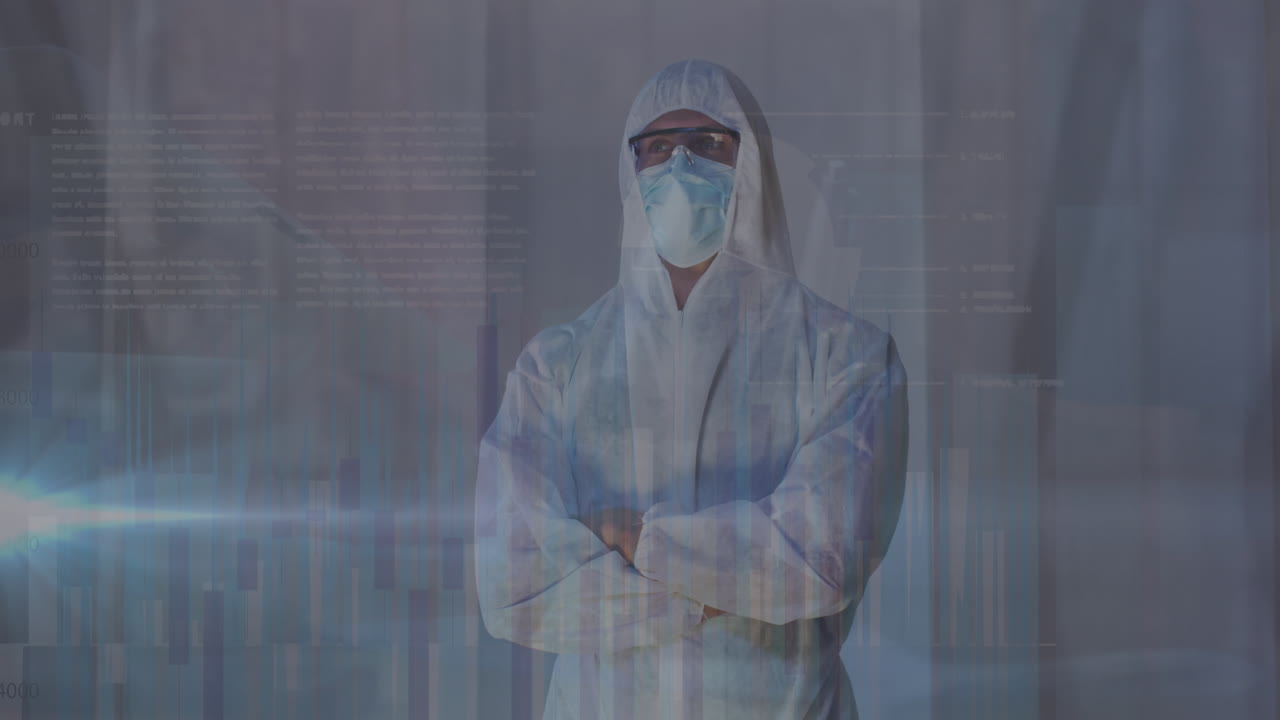 animación del procesamiento de datos sobre un médico caucásico con máscara facial