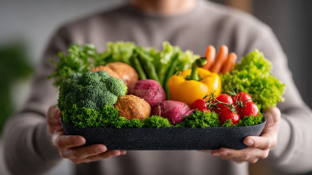 A Fresh Selection of Colorful Vegetables and Greens Held by a Person, Showcasing the Beauty of Healthy Ingredients in a Vibrant Arrangement
