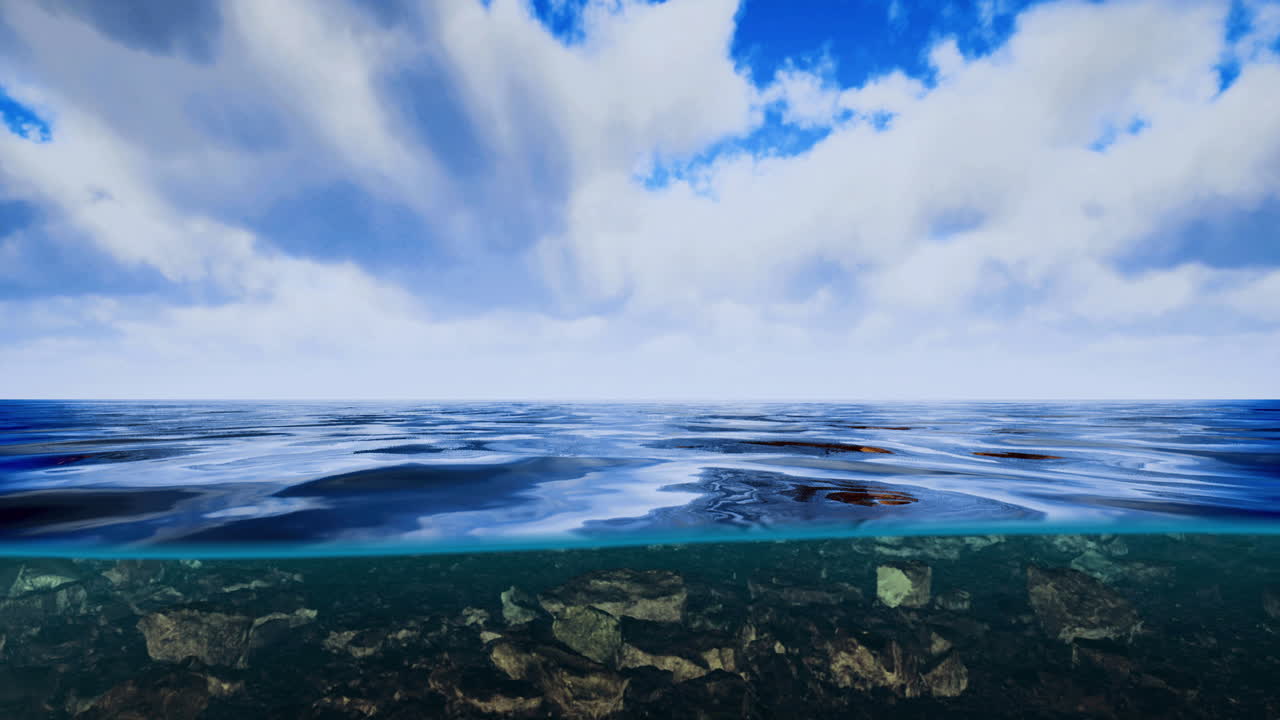 Calm ocean surface under a blue sky with fluffy clouds and gentle waves