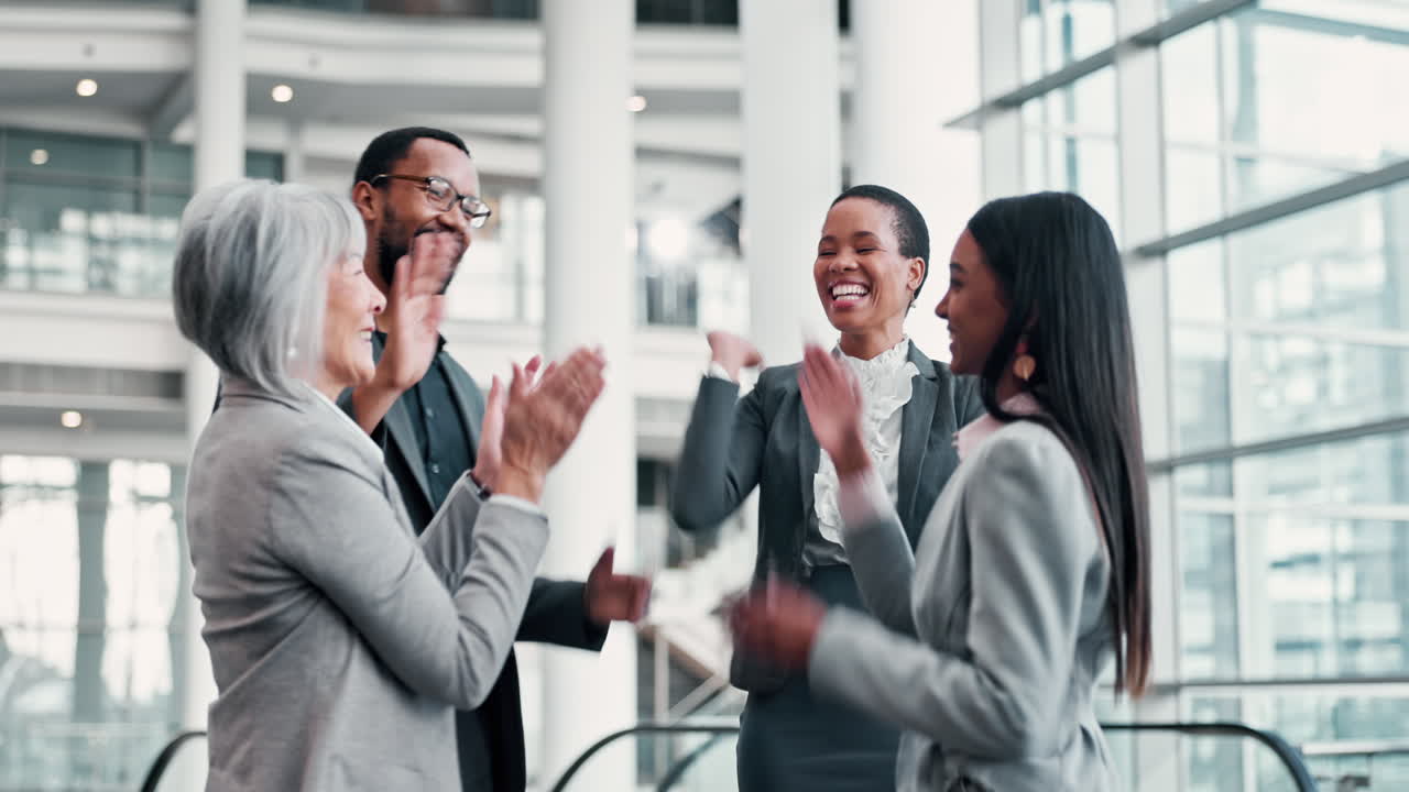 Business people, support and staff with high five