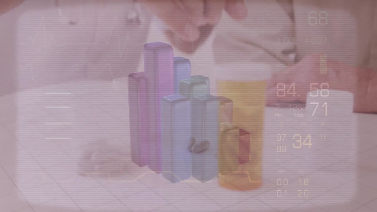 환자에게 약을 투여하는 의사의 중간 섹션에서 통계적 및 의학적 데이터 처리