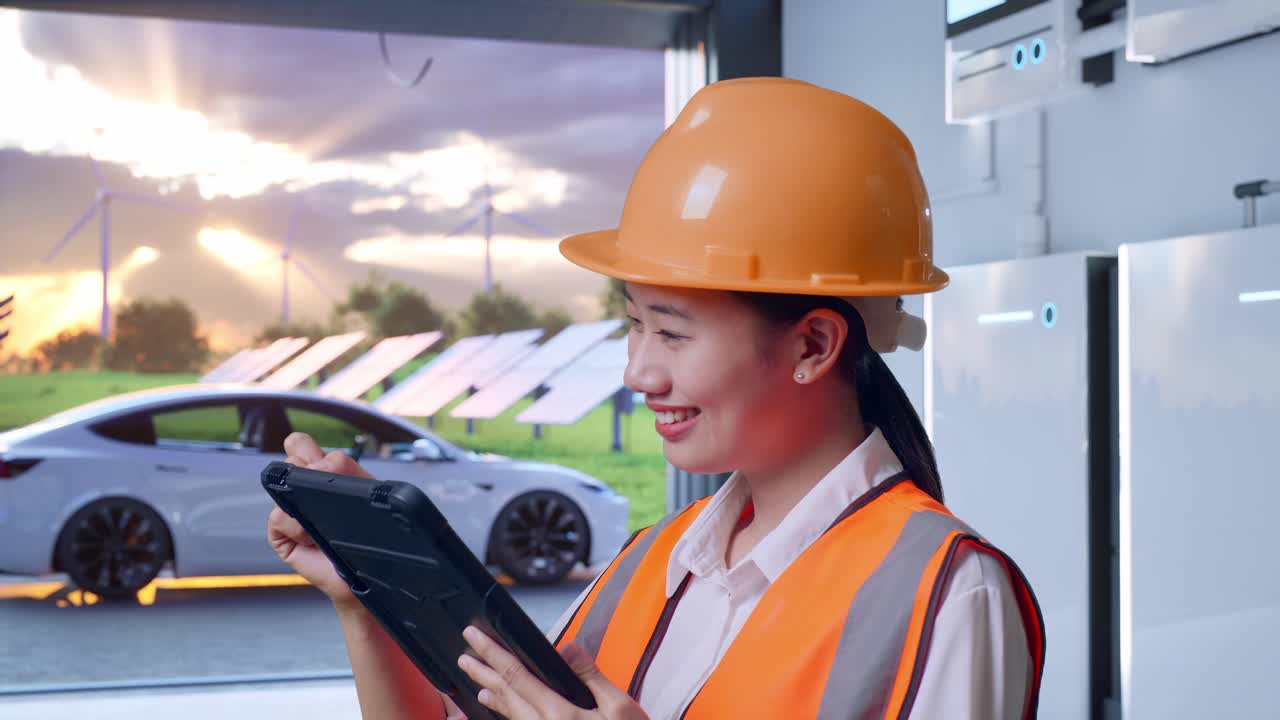 Close Up Side View Of Asian Female Engineer With Safety Helmet Taking Note On The Tablet And Looking Around With Home Energy Storage System In a Modern Garage