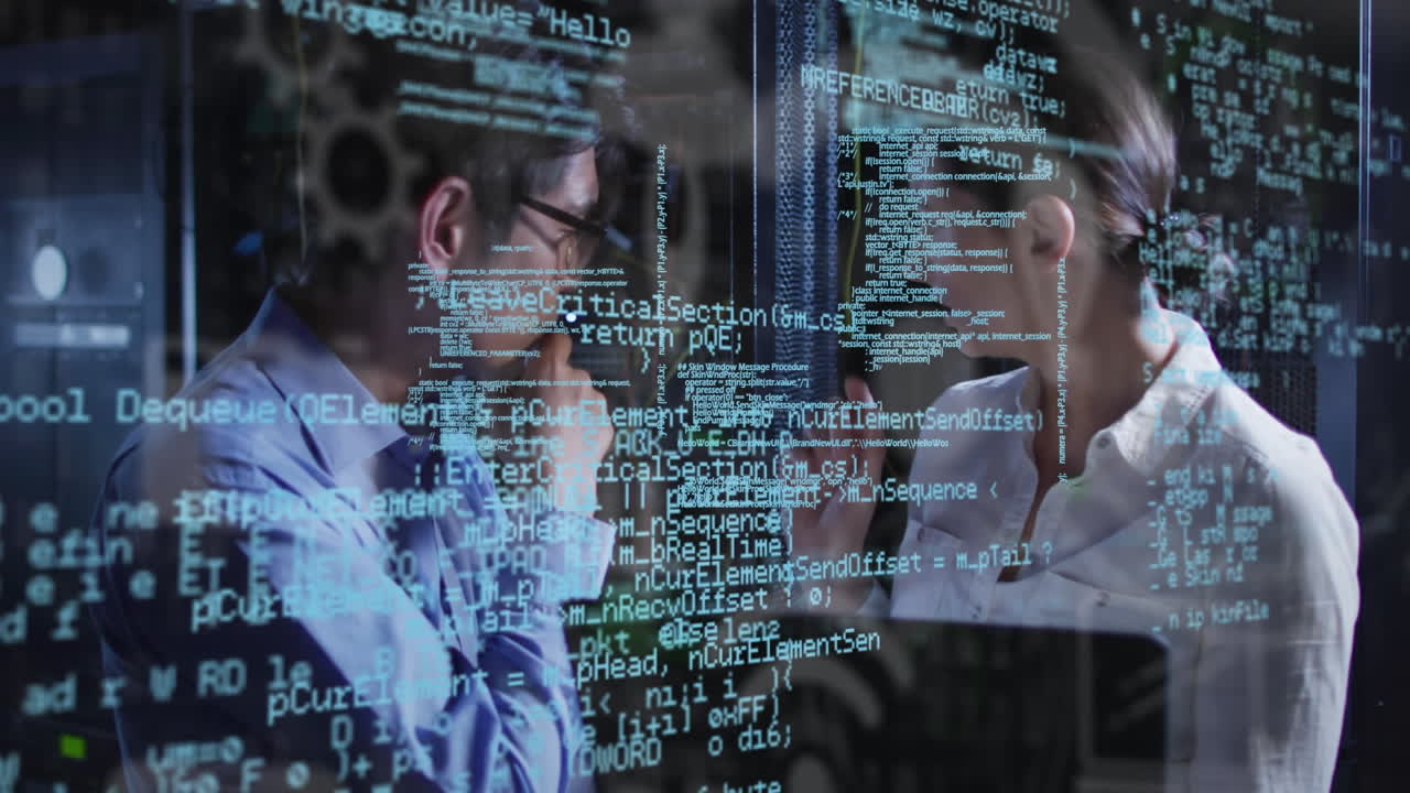 Animation of data over diverse male and female it engineers with tablet computer servers