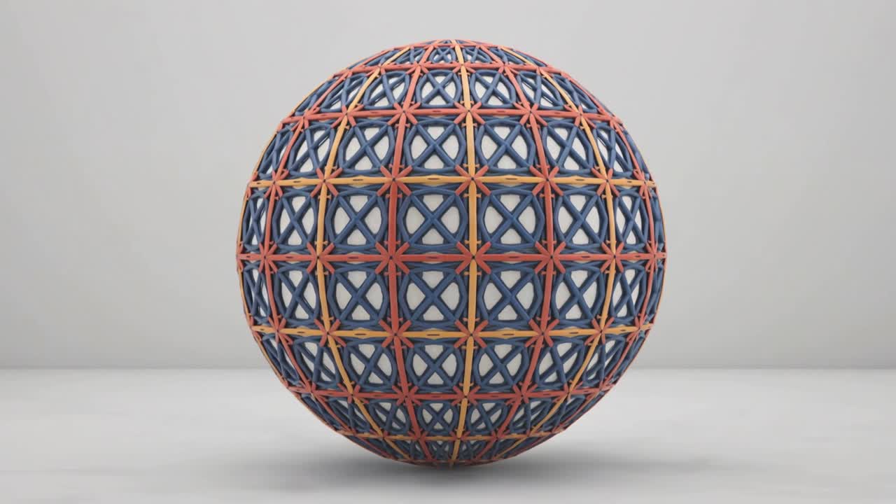 Frames advancing, sphere rotating, pulsing on matte floor showing orange-yellow grid, blue X core