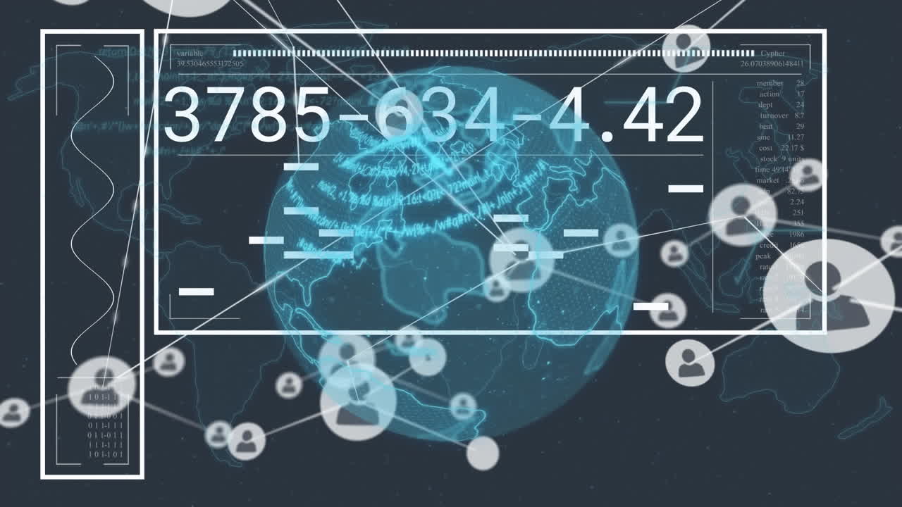 연결된 프로파일, 아이콘 및 글로브를 통해 숫자를 변경하는 인포그래픽 화면의 애니메이션