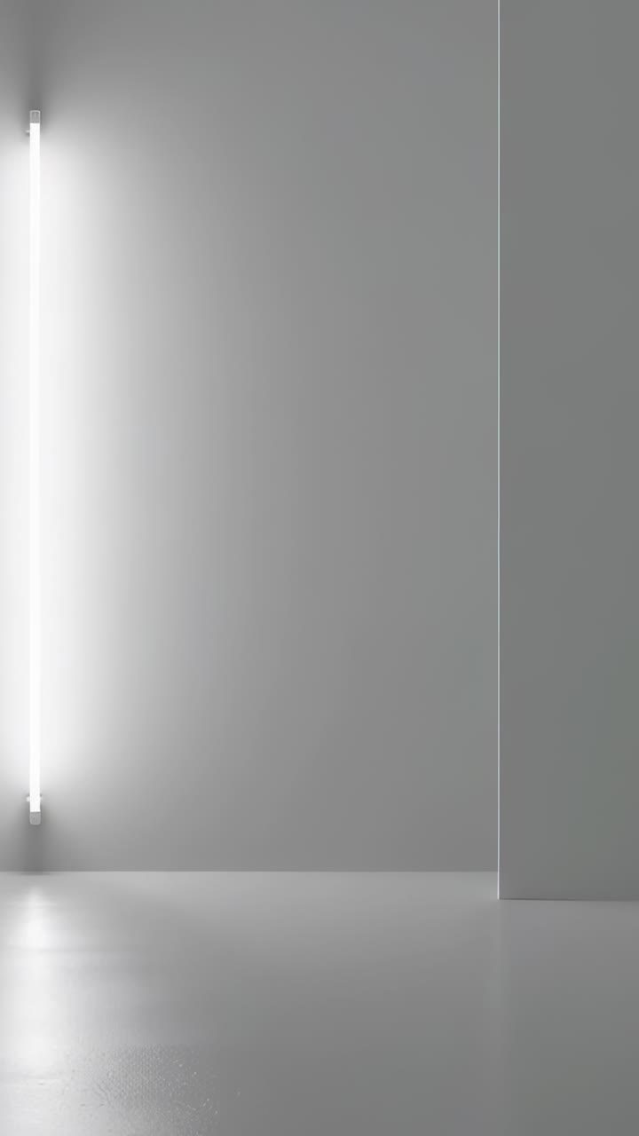 Video verticale: tubo luminoso verticale che proietta una luce fissa sul pavimento grigio della stanza, spazio per testi
