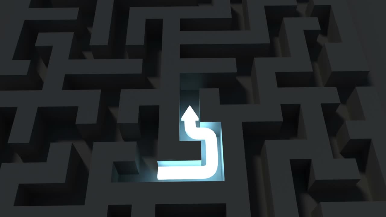 Animation of red spots over arrow in maze on black background