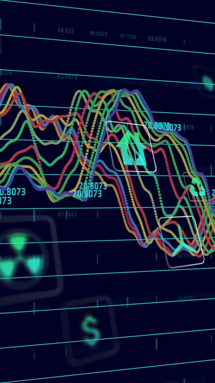 Vertical video: On pan, neon waveform morphing with icons, updating tags to show energy metrics