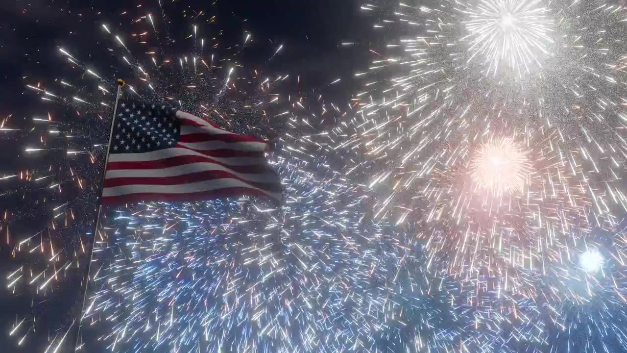American 4th of july flag waving in the night fireworks sky