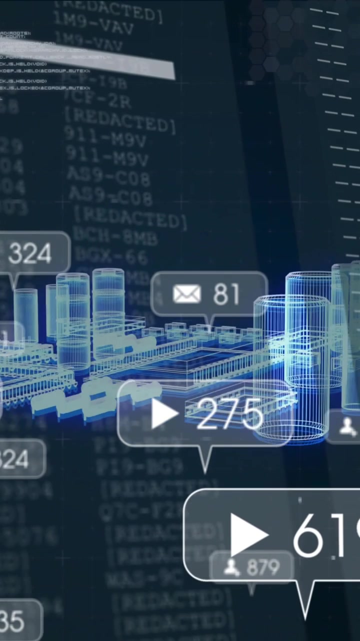 Social media notifications and data processing animation over cityscape and code