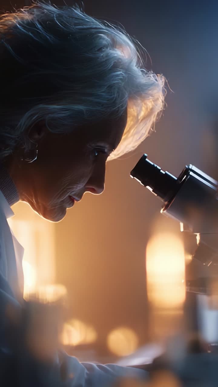 An elderly scientist closely examines samples through a microscope, showcasing dedication and precision in her research during a softly illuminated laboratory setting