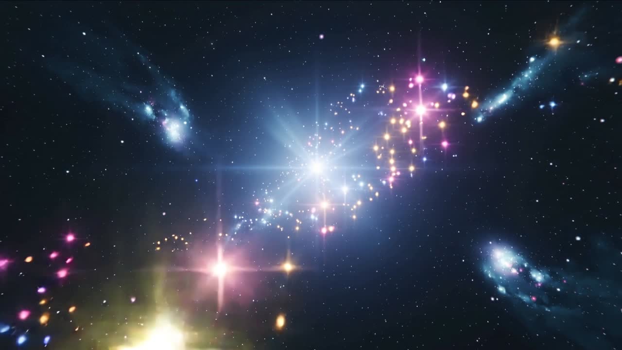 Telecamera in movimento che rivela un ammasso stellare blu brillante che si sposta nello spazio con punti stellari colorati