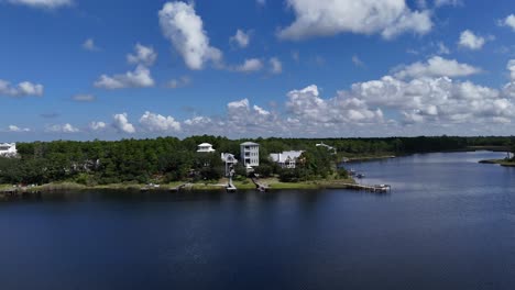 fast drone fly to the one of the white coastal and luxury house at calm camp creek lake, 30a, florida, usa