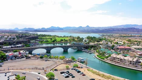 very wide angle aerial shot of the london bridge in lake havasu