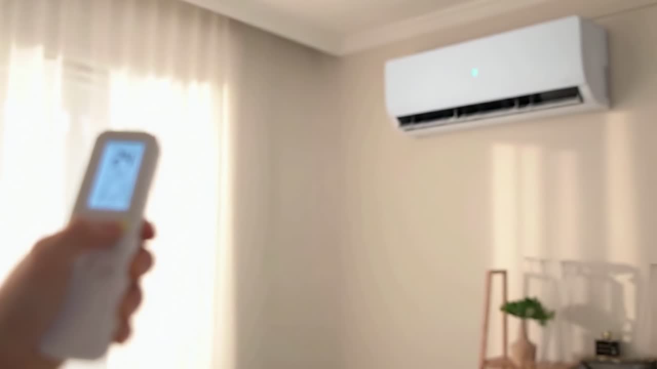 POV video angle of a hand holding a remote, adjusting an air conditioner in a bright room