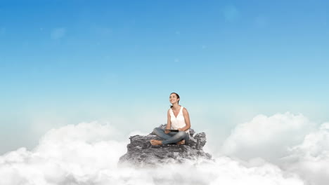 mujer casual usando tableta en las nubes