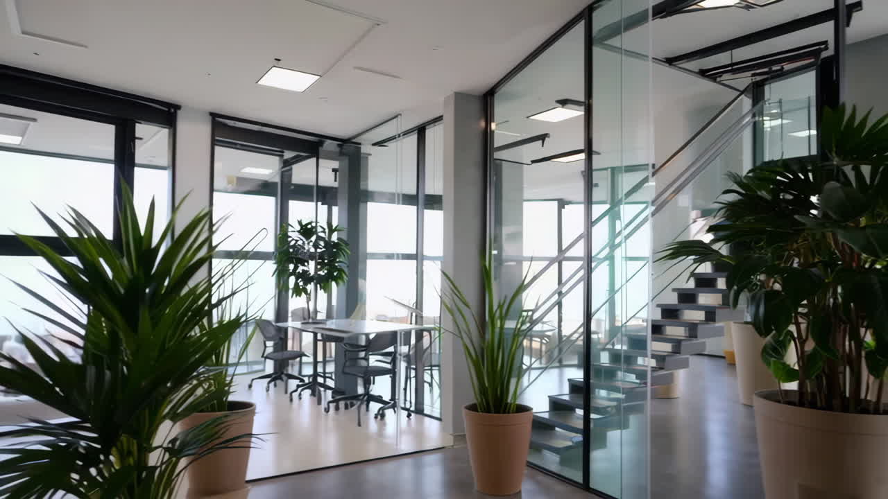 Modern office interior with glass partitions and abundant plants