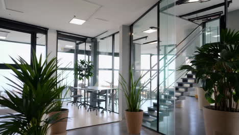 modern office interior with glass partitions and abundant plants