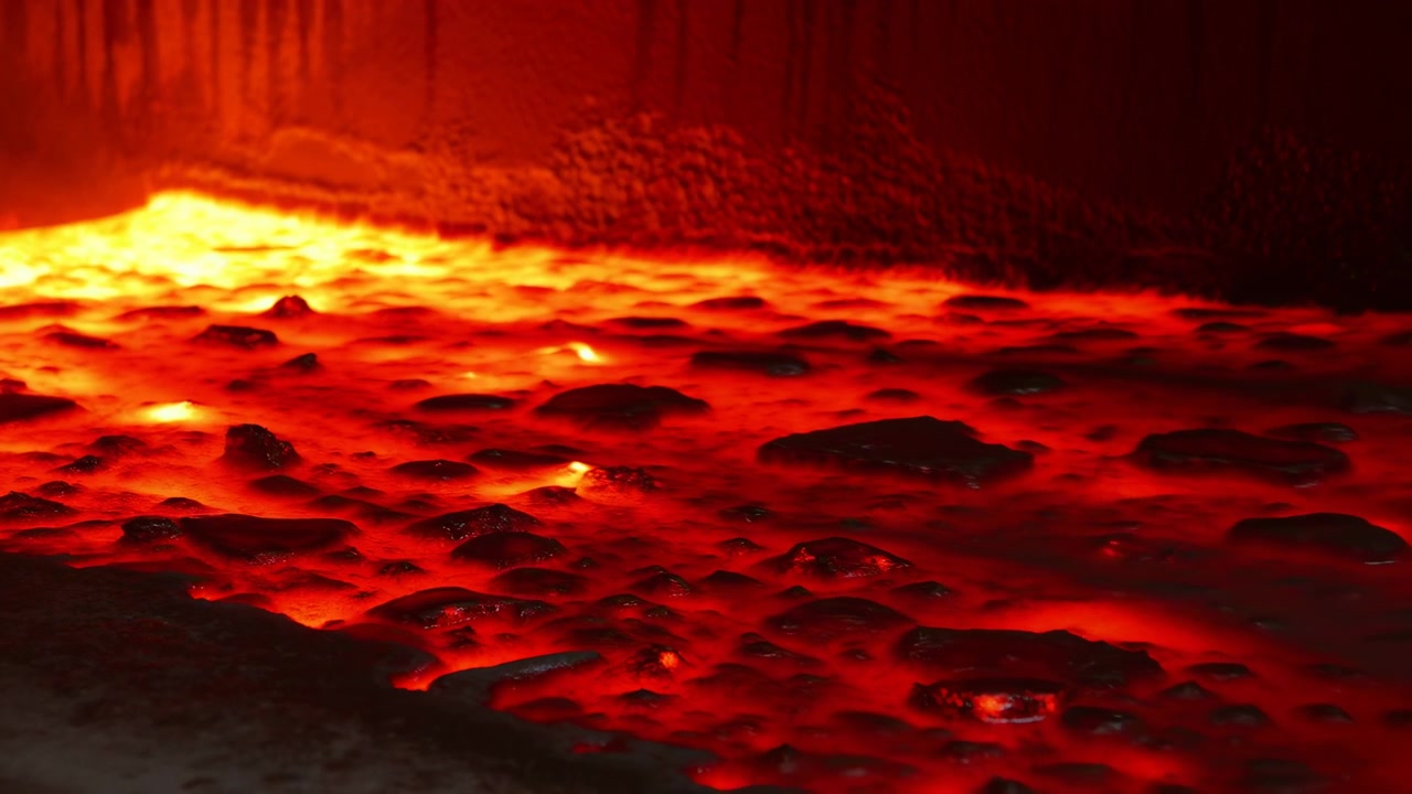 Vista panoramica dal basso di una superficie fusa incandescente con frammenti solidi scuri, giunture incandescenti luminose, riflessi scintillanti, texture ruvida, colore vulcanico profondo e contrasto drammatico.