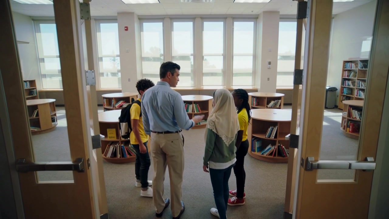 Porte che si aprono, insegnante che guida gli studenti nella biblioteca scolastica, orientandosi verso scaffali rotondi, hijab.